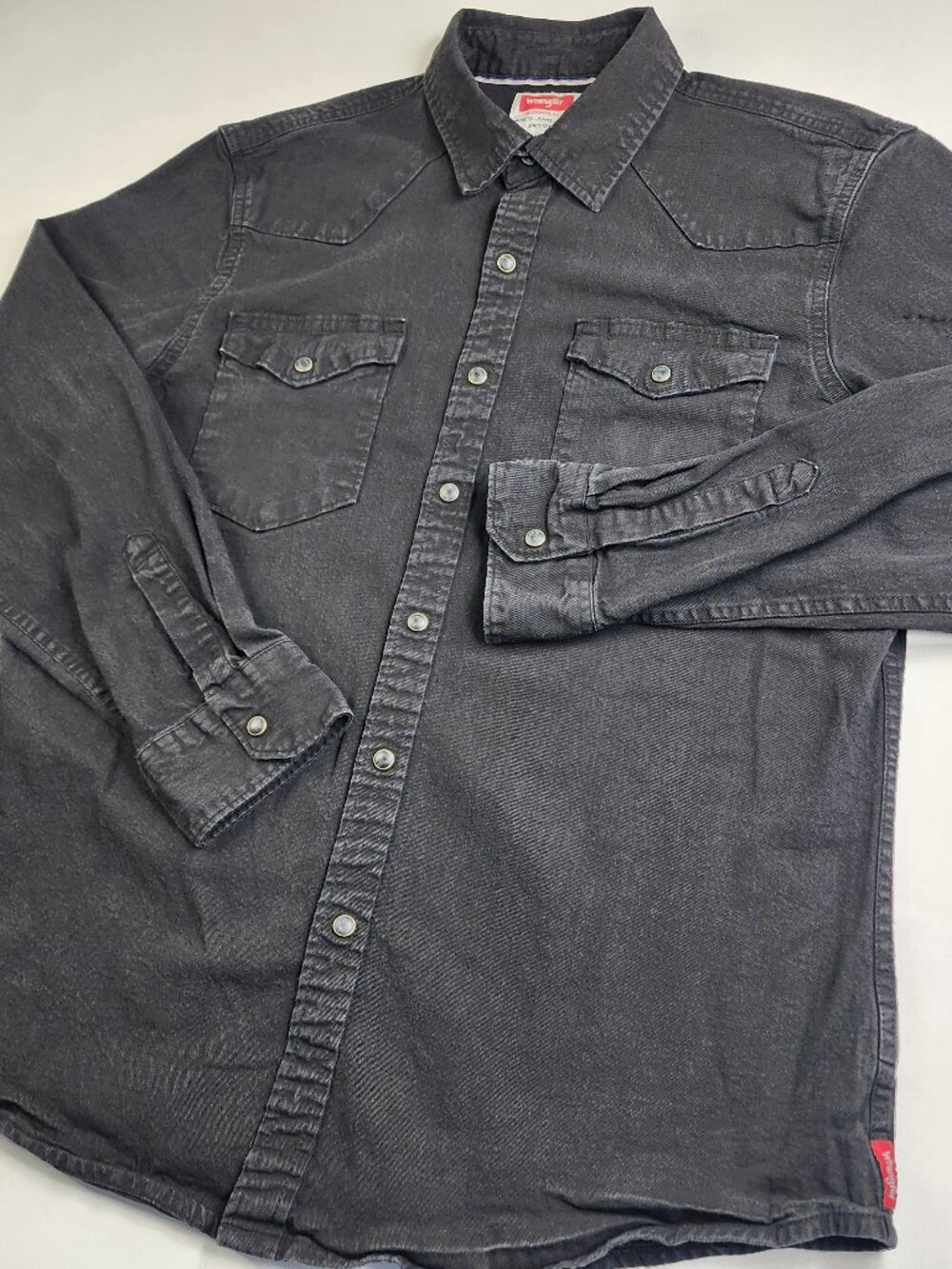 Wrangler Mens L Large Black Marble Pearl Snaps Stretch Denim Long Sleeve Shirt